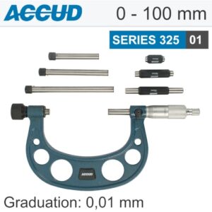 Micrometer outside 0-100mm 0.01 res. 5mic acc ratchet stop int. anvil